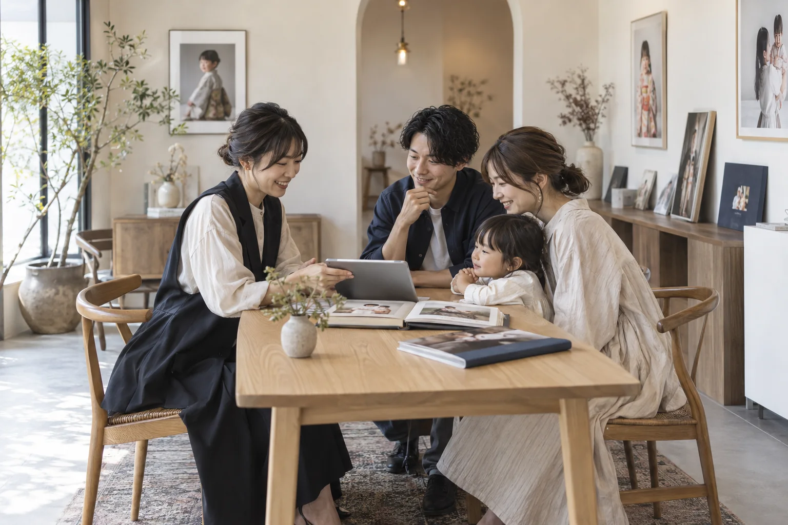 写真館のスタッフと家族がタブレットを見ながら撮影の相談をするイメージ