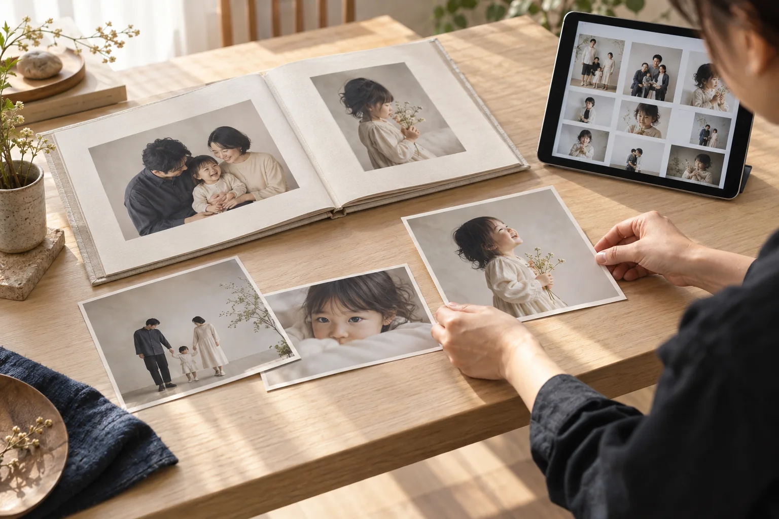 家族写真のアルバムとプリント、タブレットを並べた写真納品のイメージ