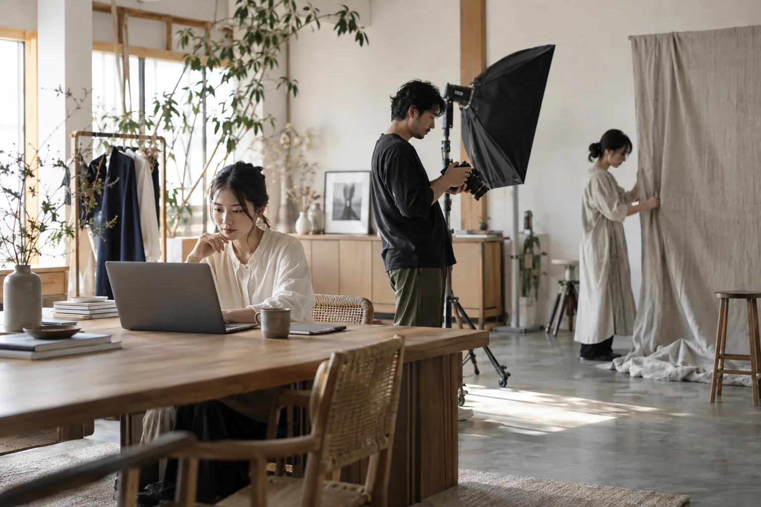 撮影と受付の準備を進める日本のフォトスタジオのチームのイメージ